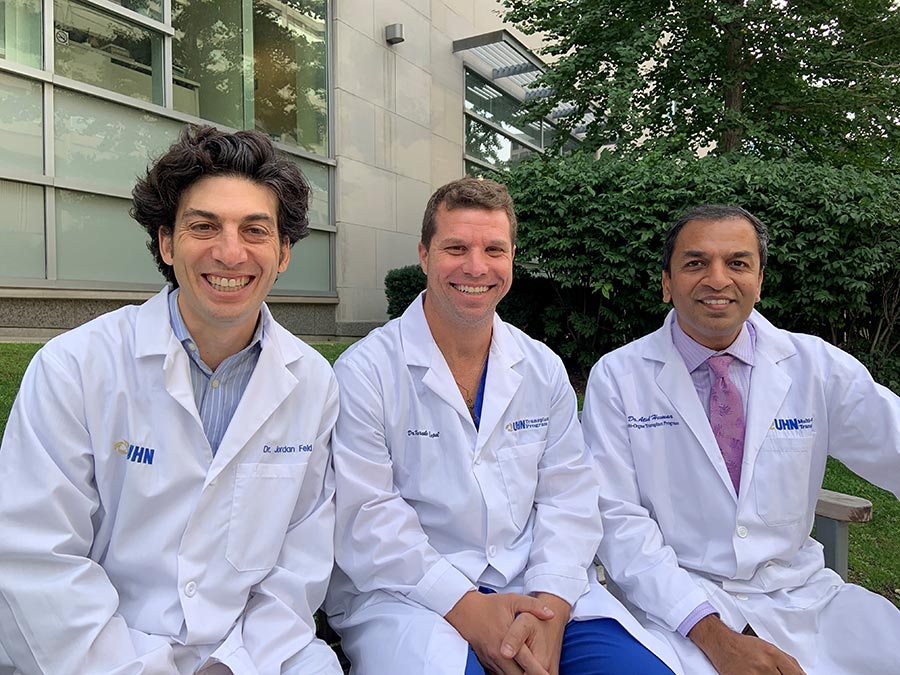 (L to R) Drs. Jordan Feld, Marcelo Cypel and Atul Humar led the clinical trial, which saw 22 patients receive donor lungs infected with the hepatitis C virus. (Photo: UHN)
