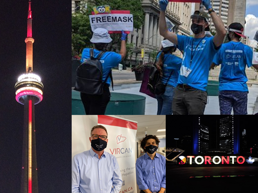 Collage of UHN’s Viral Hepatitis Care Network (VIRCAN) distributing masks in downtown Toronto, and the CN Tower and Toronto Sign at City Hall in yellow and red, the colours used for hepatitis C awareness