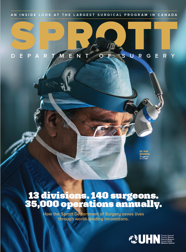 Sprot Surgery magazine cover 2020 with image of Dr. Shaf Keshavjee in PPE preforming surgery