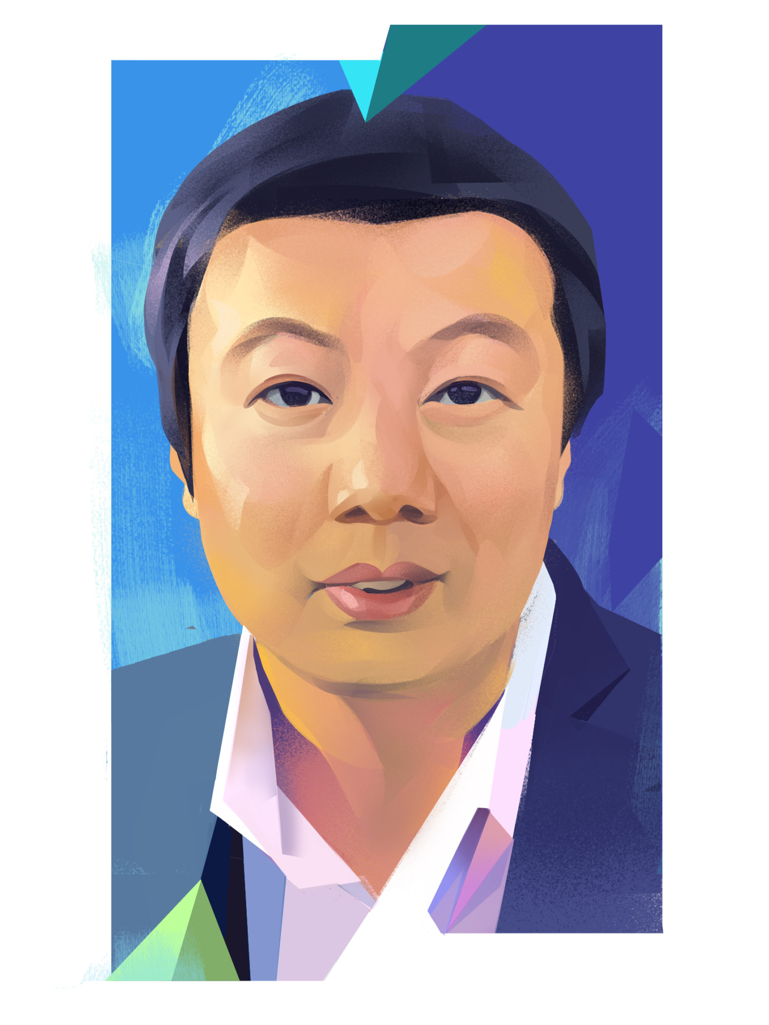 Illustration Dr. Bo Wang with blue, purple and green background